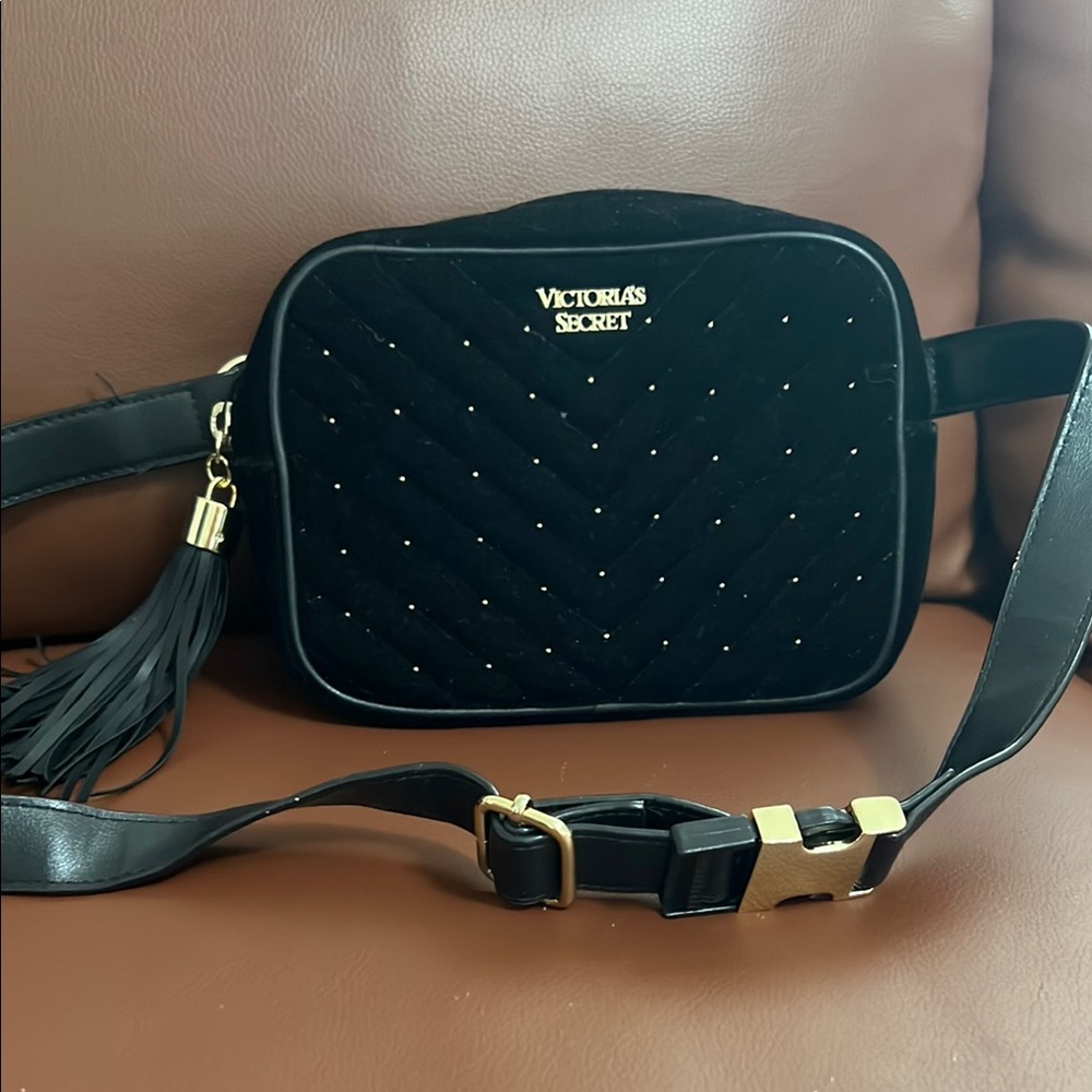 Victoria's Secret Black Quilted velvet Crossbody or belt bag